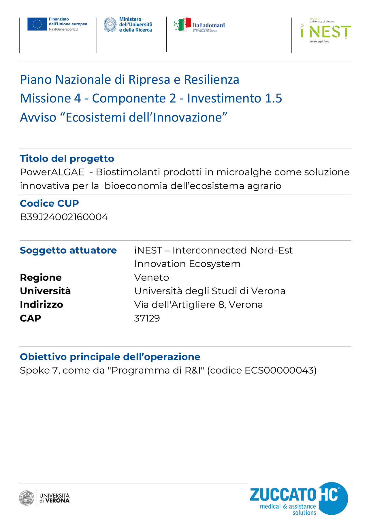 Locandina PowerALGAE — PNRR, iNEST e Università degli Studi di Verona
